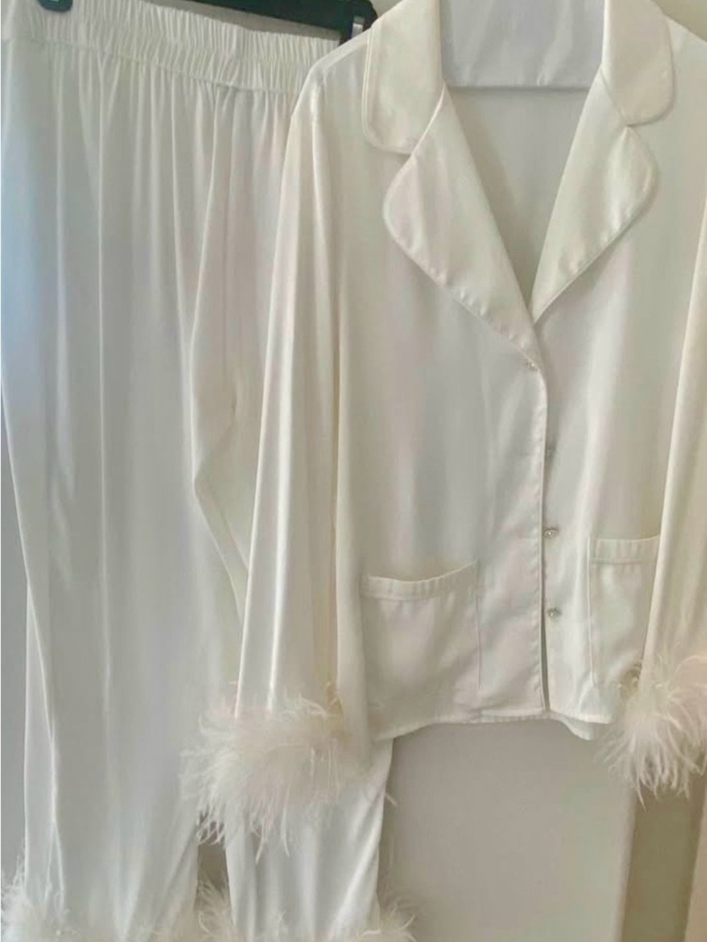 NADINE MERABI Feather-Trim Satin Pajama Set